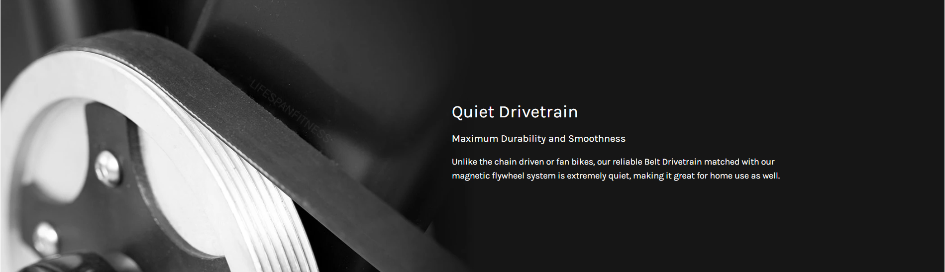 Quiet belt drivetrain on exercise bike